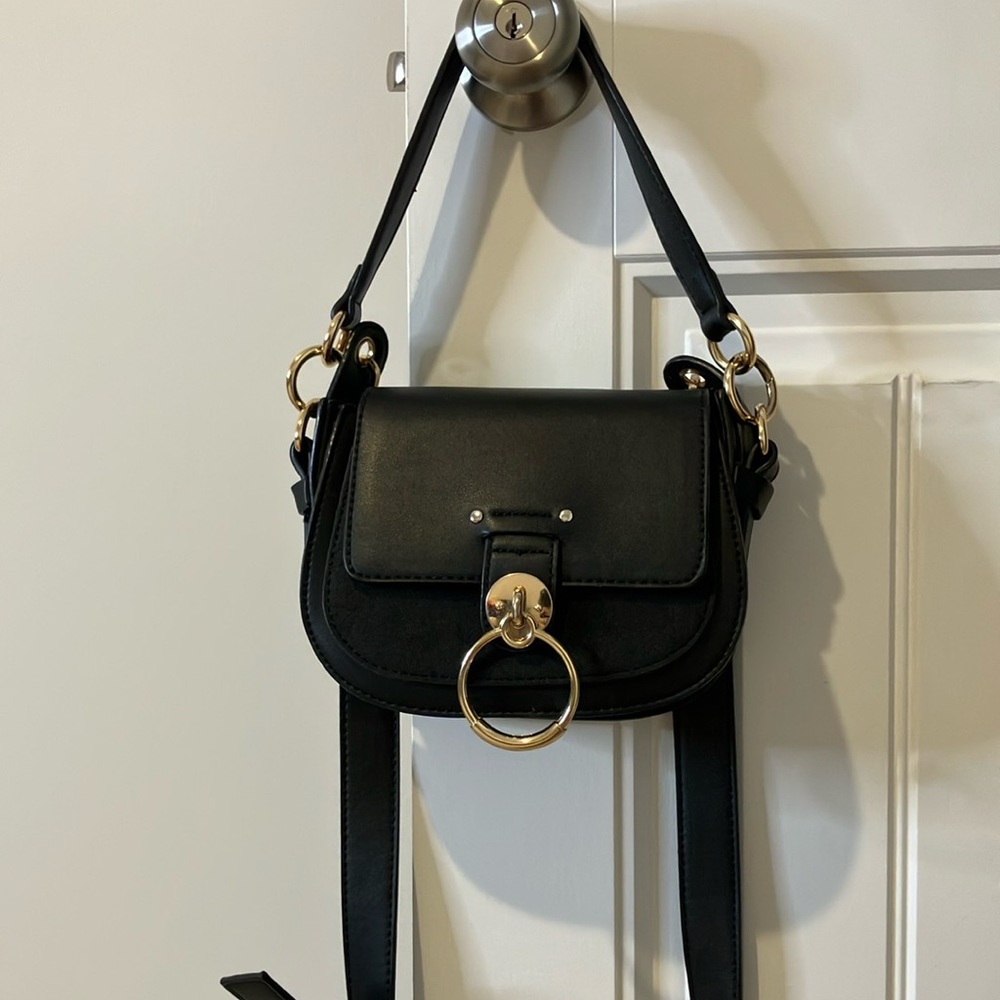 Black Saddle Crossbody Bag with Gold Ring Accent - Picture 2 of 7
